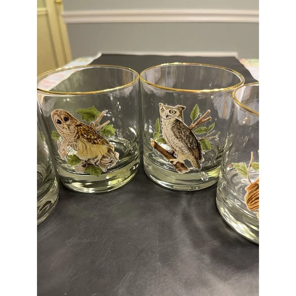 4pc MCM Owl on Branch Gold Rim Tumbler Old Fashion Glasses